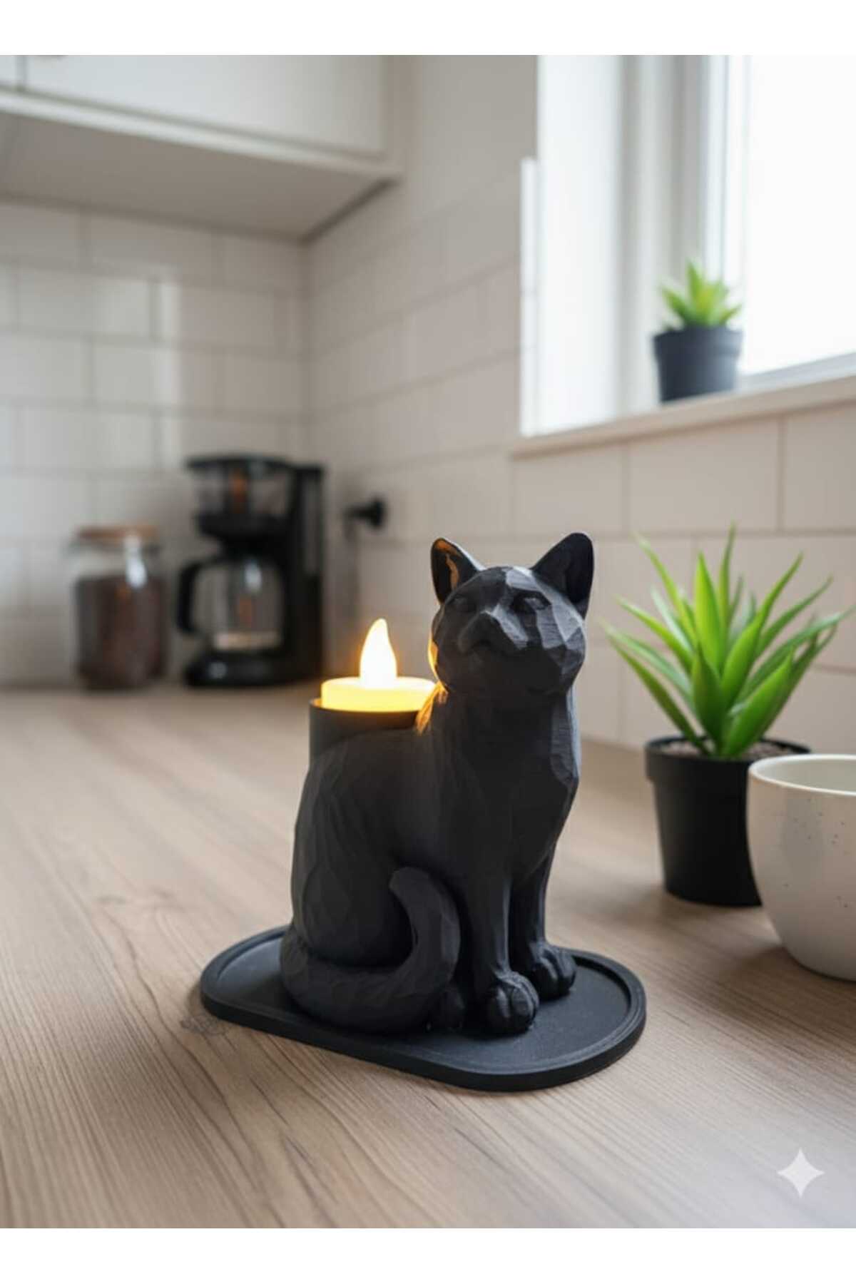 Siyah Mozaik Dekoratif Kedi Biblo Led Mumlu Şık Ev Ofis MasaÜstü Mumluk (Led Mum Hediye) 14 x 12