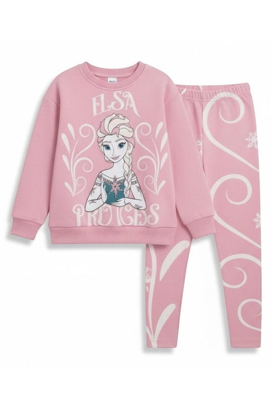 Elsa Prenses Baskılı Pembe Kız Çocuk Sweatshirt ve Tayt Takımı | Kışlık Pamuklu Kombin - Pembe