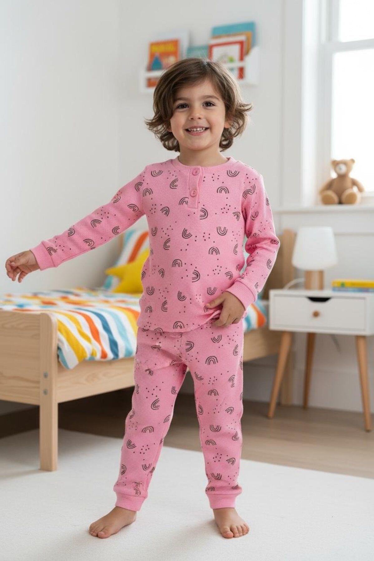 Kız/Erkek Çocuk Uzun Kol Desenli Pamuklu Pijama Takımı Waffle Kumaş