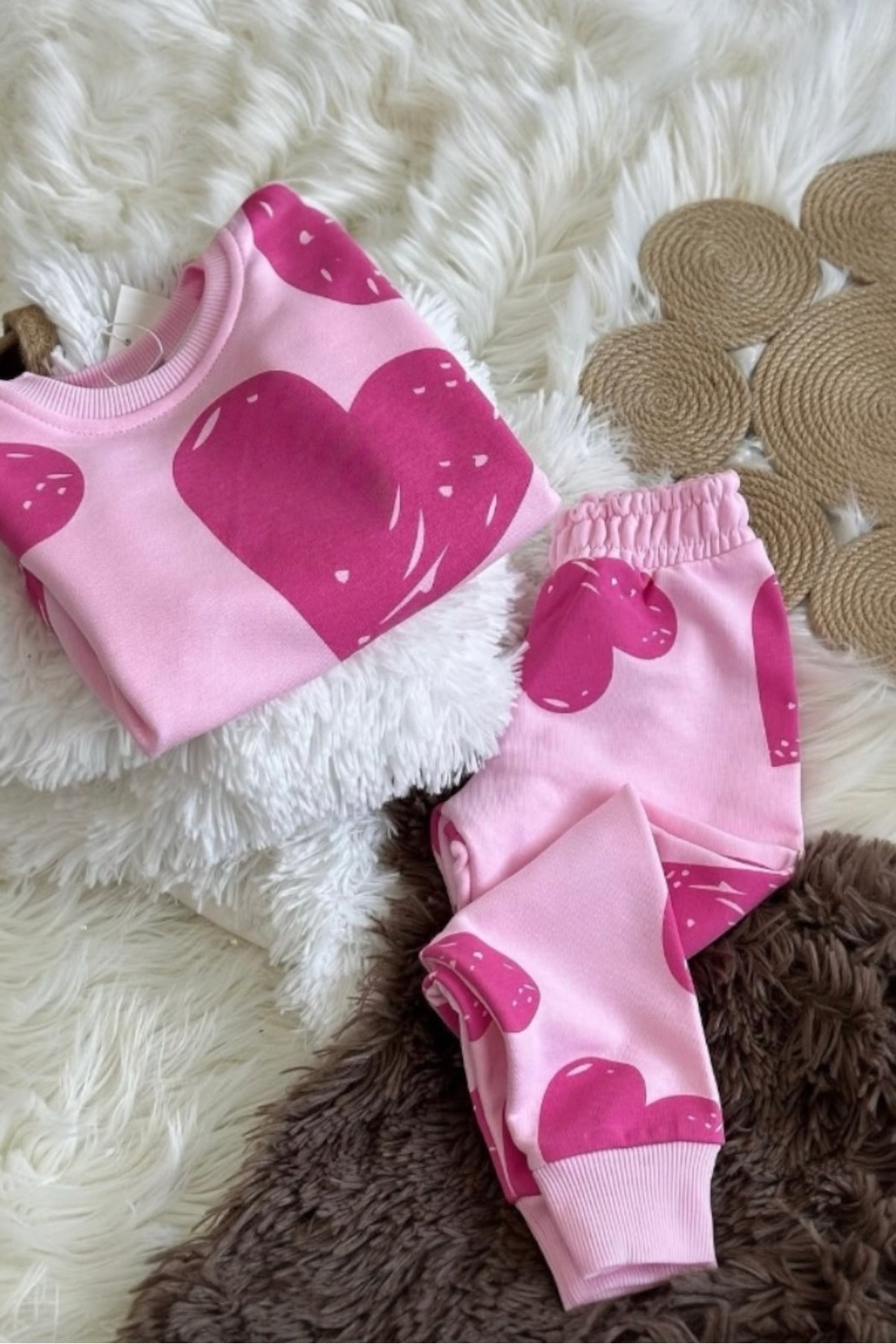 Sweet Sevimli Kalp Desenli 2'li Kız Çocuk Eşofman Takımı - Pembe