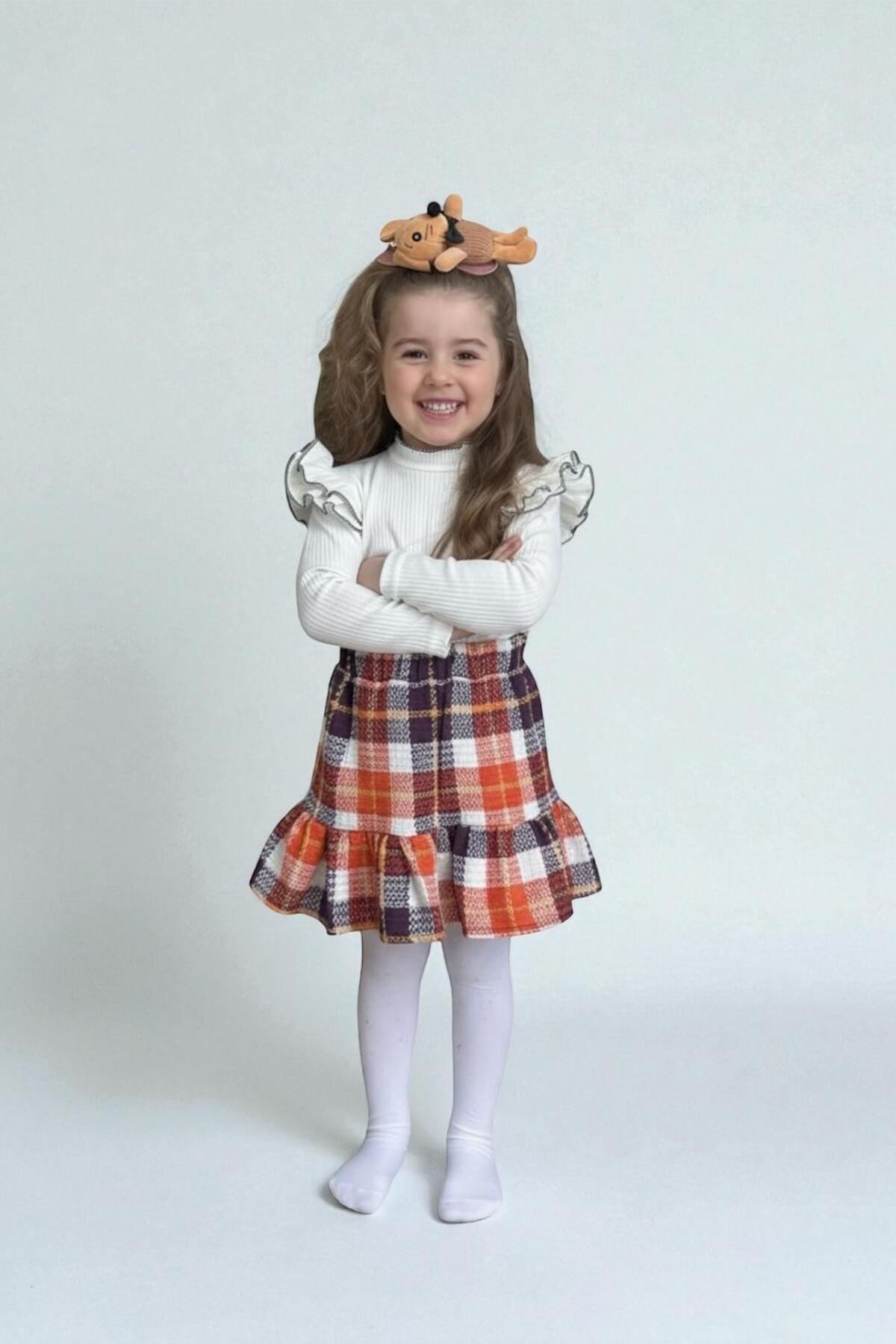 Kız Çocuk Kazak ve Tüvid Ekose Etek Takımı Şık Günlük Kombin - Turuncu