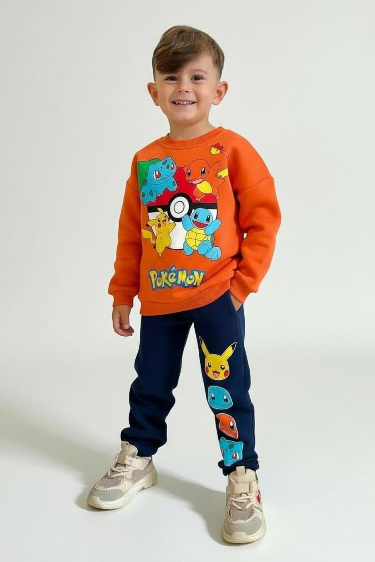 Erkek Çocuk Kışlık Renkli Baskılı Sweatshirt 2 li Eşofman Takım - Turuncu