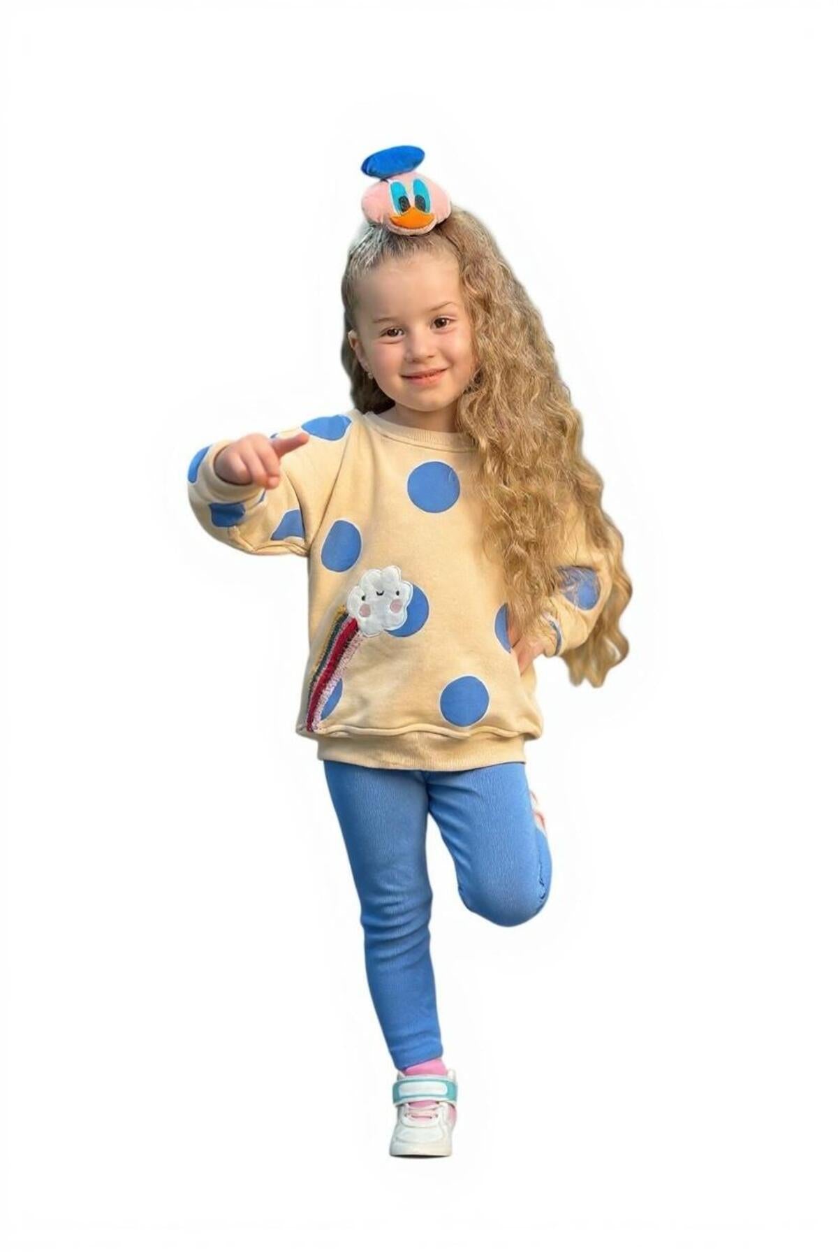 Kız Çocuk Desenli Sweatshirt Tayt Takımı Rahat Esnek Kumaş - Mavi