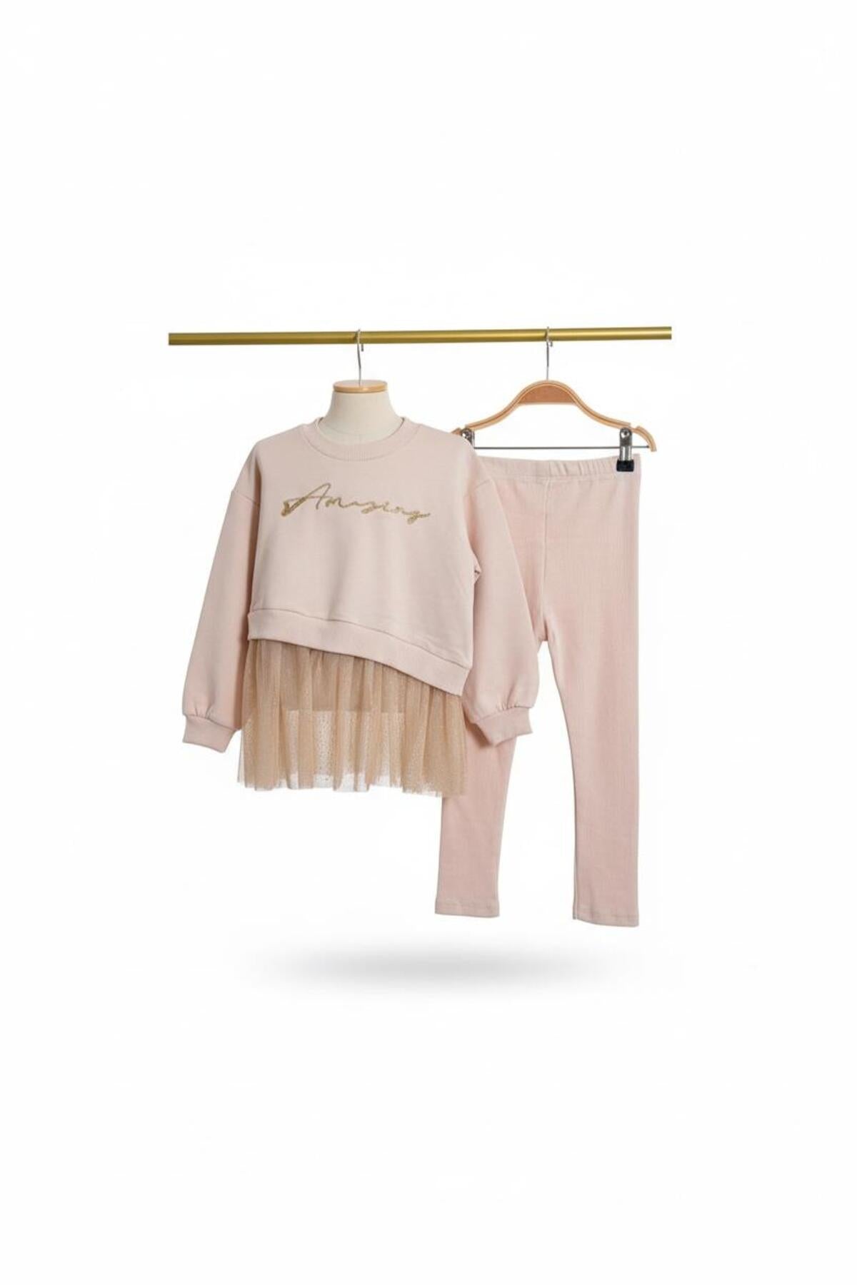 Tüllü Etekli Amazing Yazılı Ekru Kız Çocuk Taytlı Sweatshirt | Konforlu Günlük Stil - Krem
