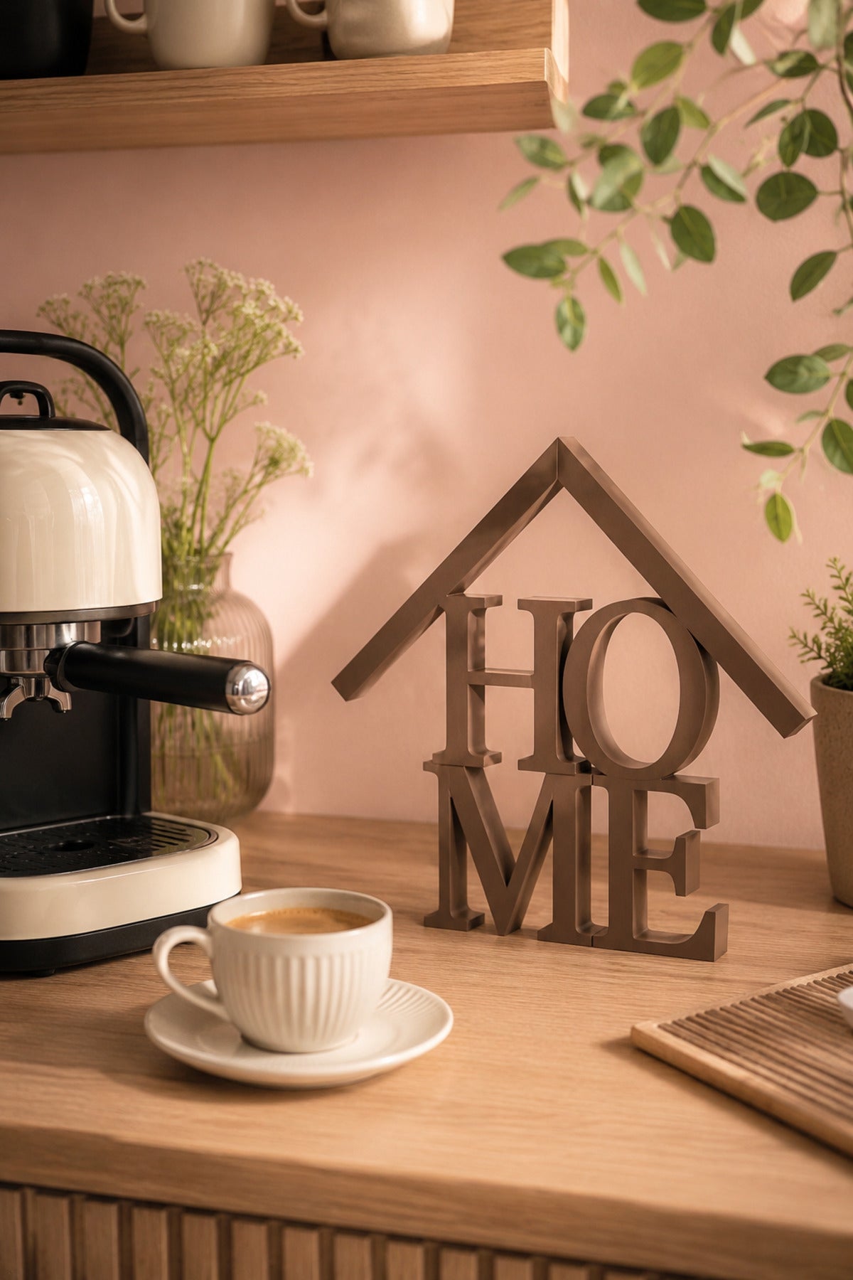 Dekoratif HOME Yazılı Ev Biblosu 15×15 cm | Modern Salon, TV Ünitesi, Konsol, Kitaplık ve Raf Süsü - Kahverengi