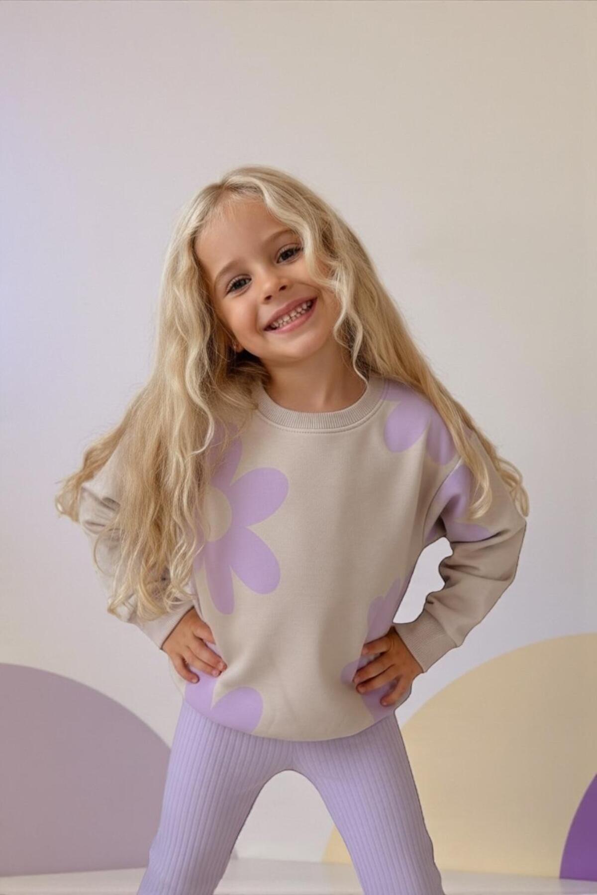 Kız Çocuk Desenli Sweatshirt Tayt Takımı Rahat Esnek Kumaş - Mor