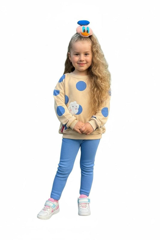 Kız Çocuk Desenli Sweatshirt Tayt Takımı Rahat Esnek Kumaş - Mavi