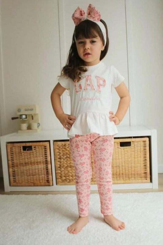 GEPP Baskılı Kız Çocuk Peplum Tişört ve Çiçekli Tayt Takımı - 3'lü Se - Pembe