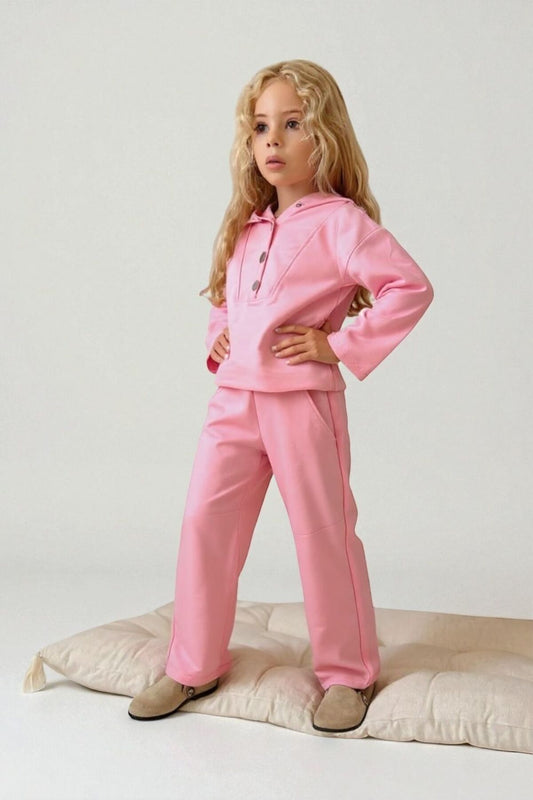 Kız Çocuk Üst Alt Takım Sweatshirt Ve Pantolon Rahat Günlük Kombin - Pembe