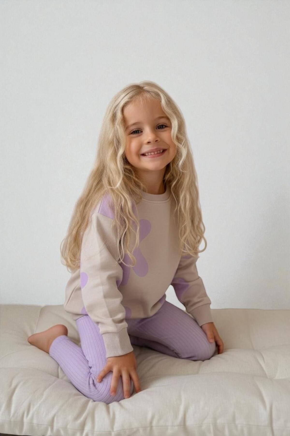 Kız Çocuk Desenli Sweatshirt Tayt Takımı Rahat Esnek Kumaş - Mor