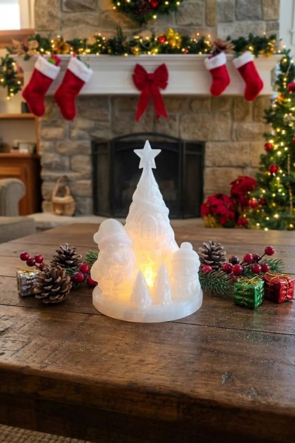 Tealight Mum Dahil 3D Yılbaşı Figürü, Noel Baba, 15x9 cm Masa Üstü Işıklı Yeni Yıl Süsü