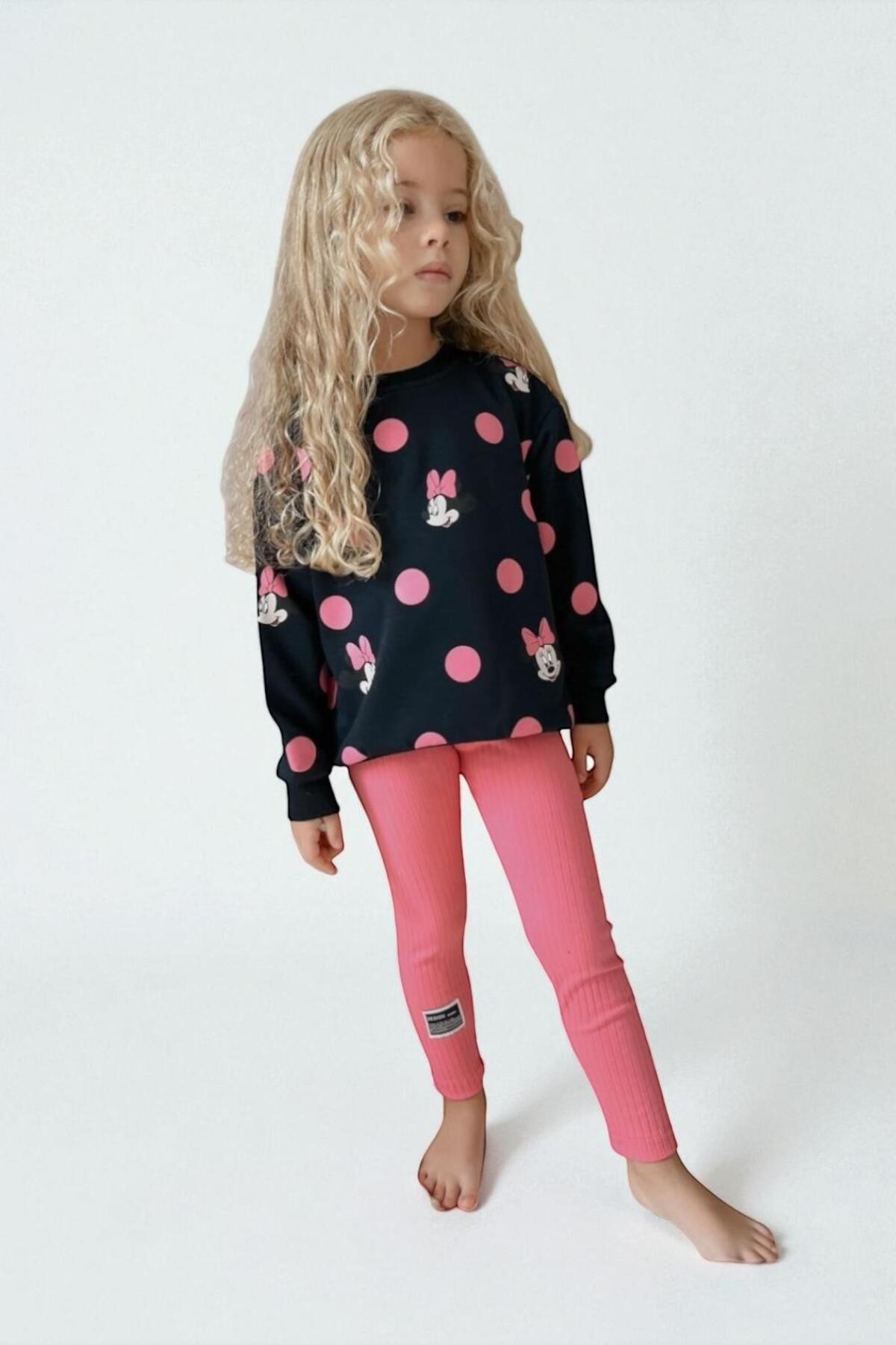Kız Çocuk Desenli Sweatshirt Tayt Takımı Rahat Esnek Kumaş - Pembe