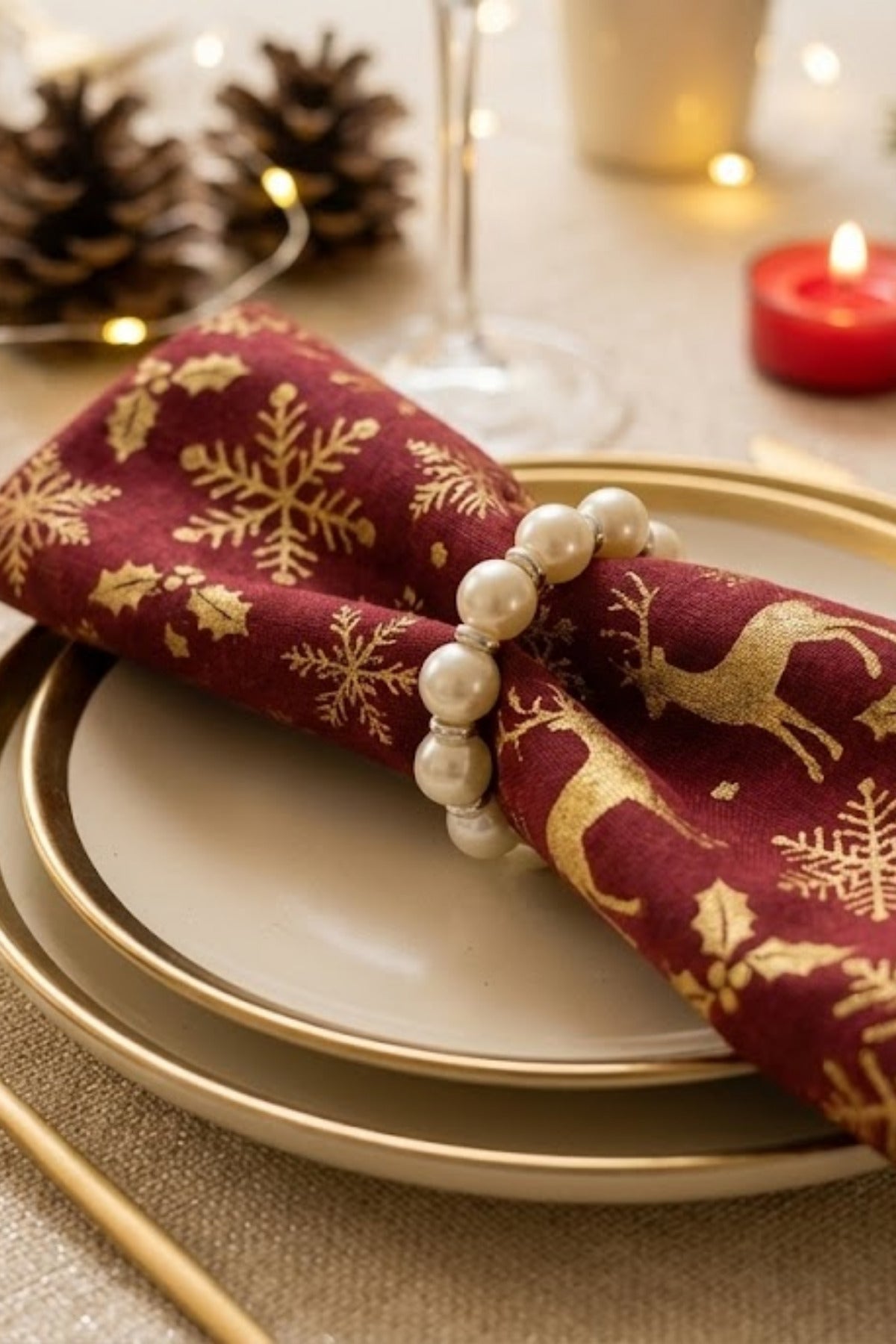 6 Adet Ekru Boncuklu İnci Peçete Yüzüğü, Napkin Ring, Sunumluk Yüzük 4 cm