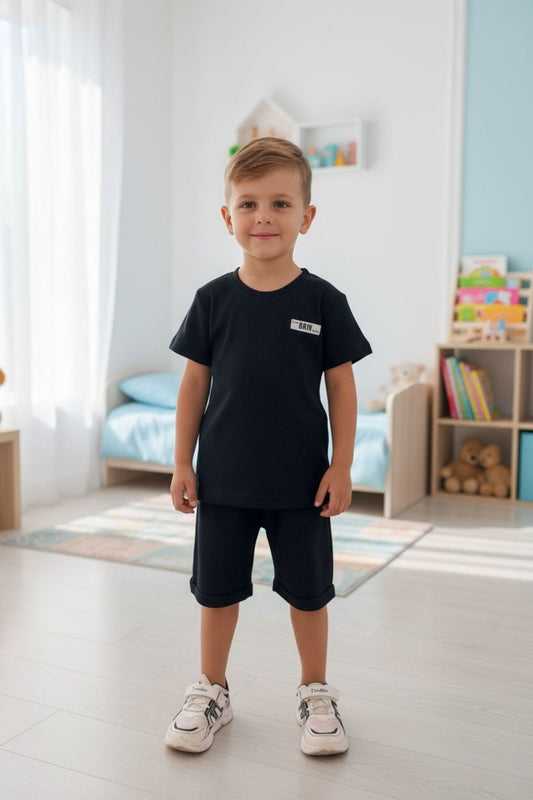 Hardal/Siyah/Bej Fitilli Çocuk Takımı | Yazlık Kısa Kollu T-shirt Şort Seti | Çok Renk Seçeneği - Siyah