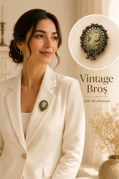 Antik Kadın Silüeti Taş Detaylı Broş Rozet Vintage Görünümlü