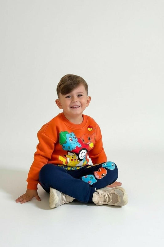 Erkek Çocuk Kışlık Renkli Baskılı Sweatshirt 2 li Eşofman Takım - Turuncu