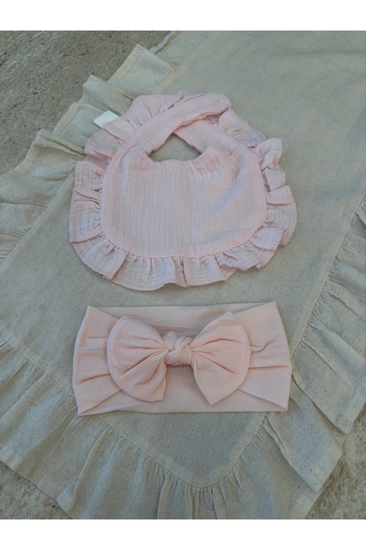 Müslin Bebek Mama Önlüğü ve Yumuşak Bandana Seti | Kulak Korumalı | 3 Renk