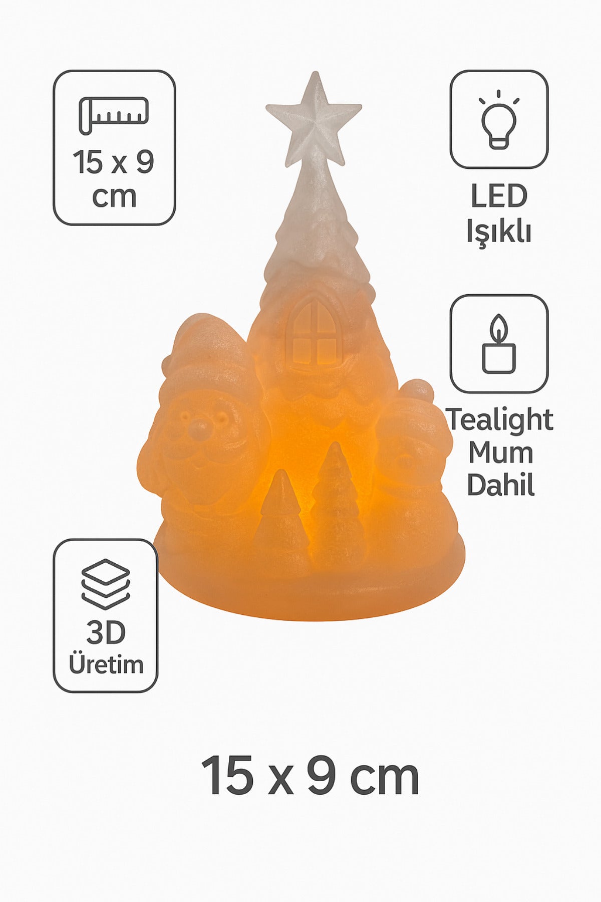 Tealight Mum Dahil 3D Yılbaşı Figürü, Noel Baba, 15x9 cm Masa Üstü Işıklı Yeni Yıl Süsü