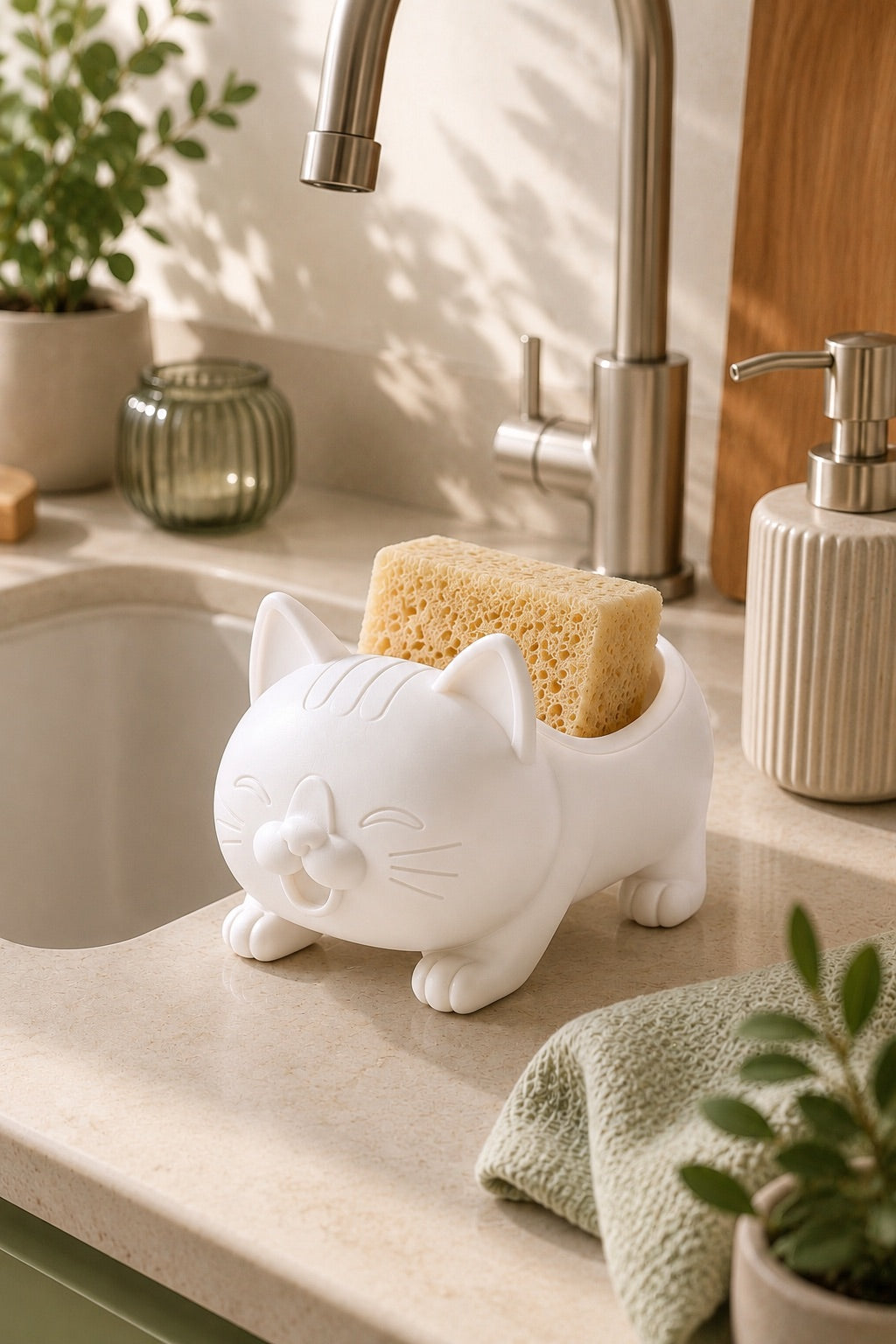 Dekoratif Beyaz Kedi Figürlü Sabunluk & Süngerlik Şık ve Sevimli Banyo, Mutfak Aksesuarı Çok Amaçlı