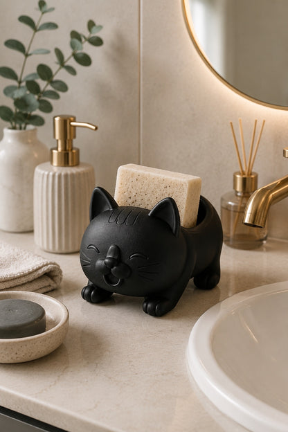Dekoratif Siyah Kedi Figürlü Sabunluk & Süngerlik Şık ve Sevimli Banyo, Mutfak Aksesuarı Çok Amaçlı