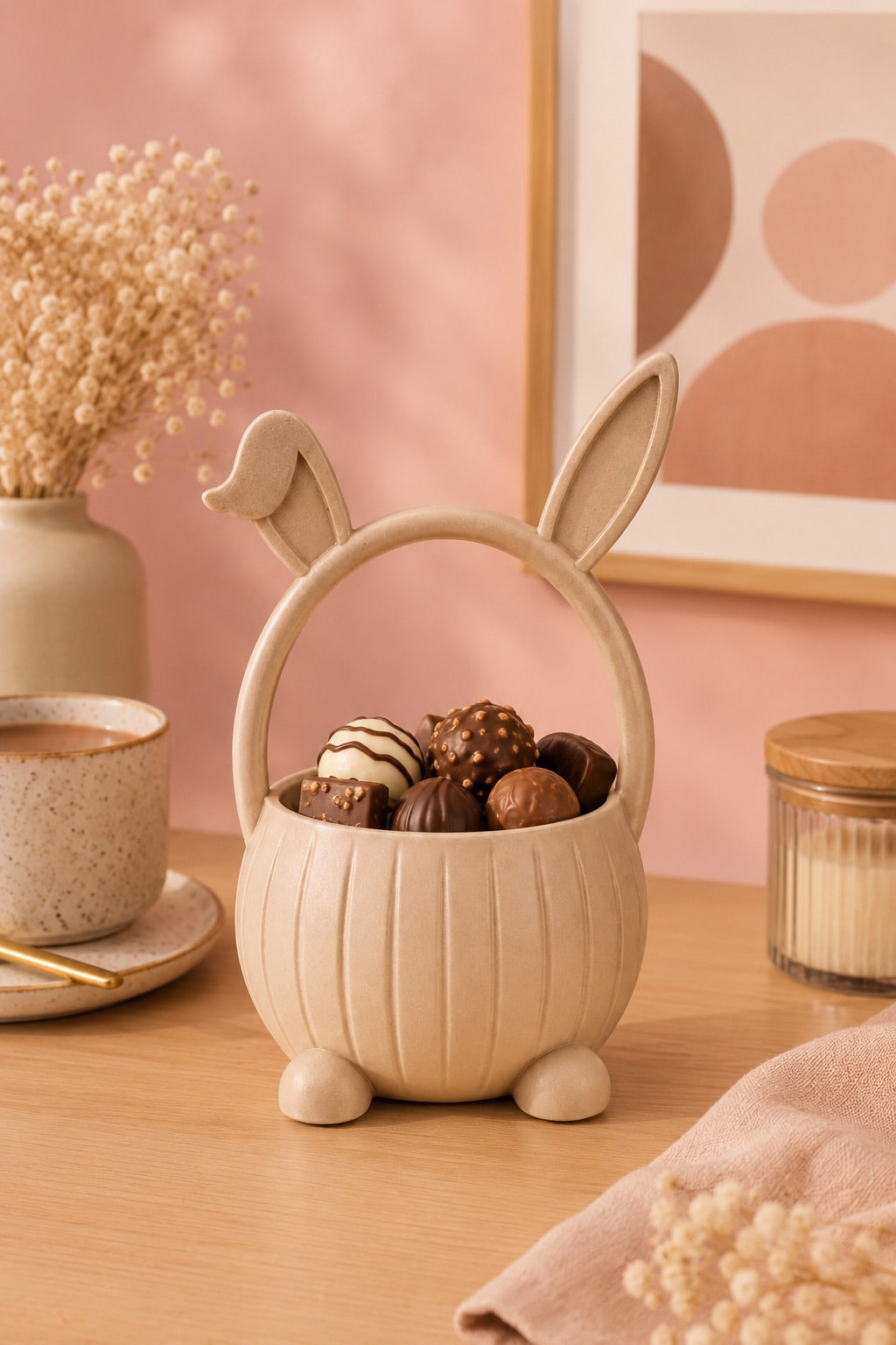 Tavşan Detaylı Bej Sunum Sepeti Çikolata Lokumluk Pinterest Masa Dekoru