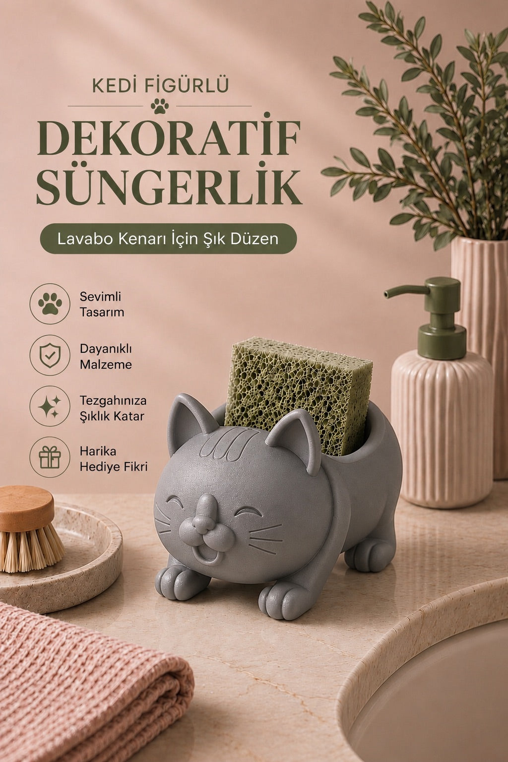 Dekoratif Gri Kedi Figürlü Sabunluk & Süngerlik Şık ve Sevimli Banyo, Mutfak Aksesuarı Çok Amaçlı