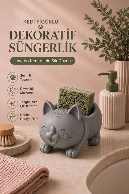 Dekoratif Gri Kedi Figürlü Sabunluk & Süngerlik Şık ve Sevimli Banyo, Mutfak Aksesuarı Çok Amaçlı