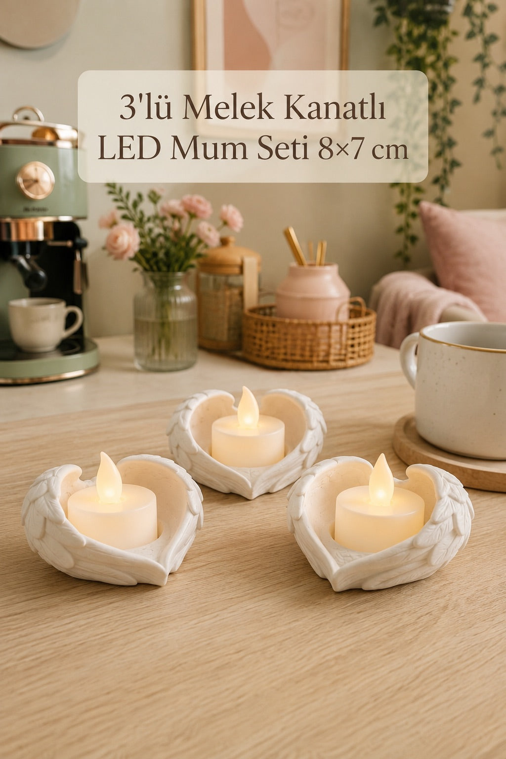 Melek Işığı Seti 3’lü Melek Kanatlı LED Mum Dekoratif Tealight 8 x 7 cm