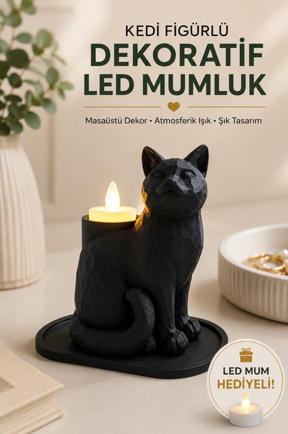 Siyah Mozaik Dekoratif Kedi Biblo Led Mumlu Şık Ev Ofis MasaÜstü Mumluk (Led Mum Hediye) 14 x 12