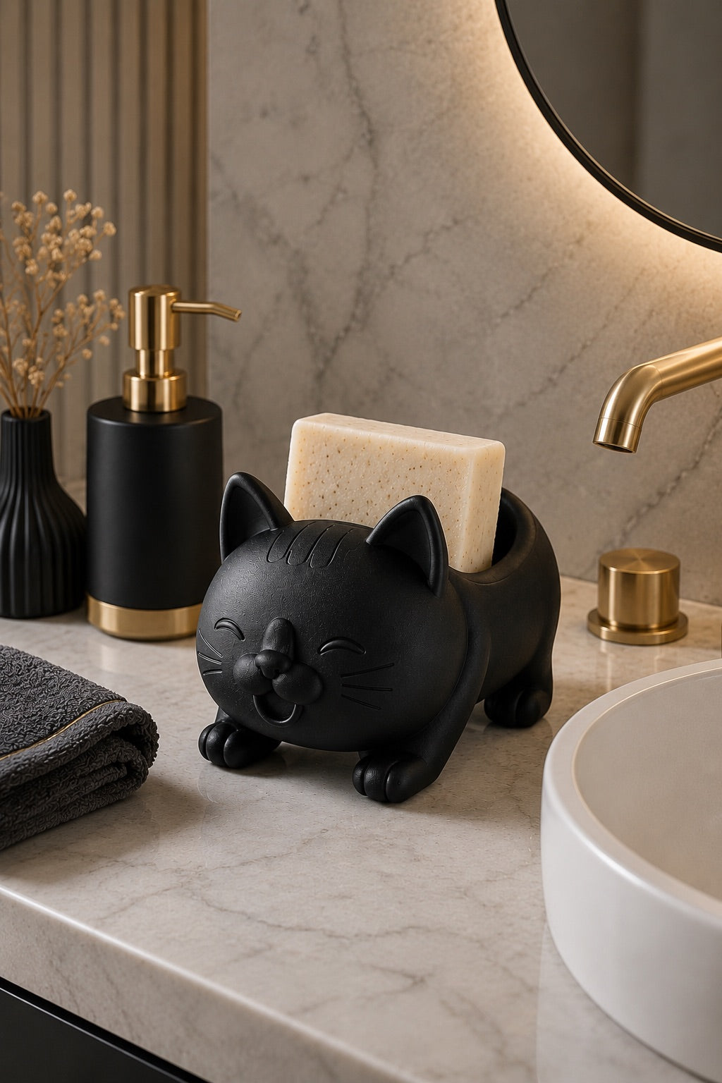 Dekoratif Siyah Kedi Figürlü Sabunluk & Süngerlik Şık ve Sevimli Banyo, Mutfak Aksesuarı Çok Amaçlı
