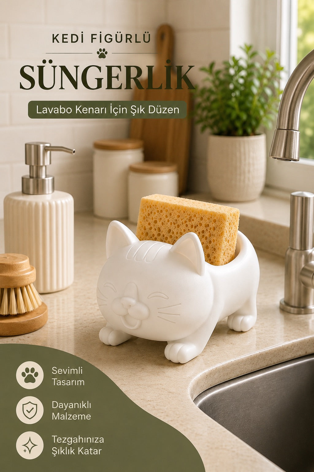 Dekoratif Beyaz Kedi Figürlü Sabunluk & Süngerlik Şık ve Sevimli Banyo, Mutfak Aksesuarı Çok Amaçlı