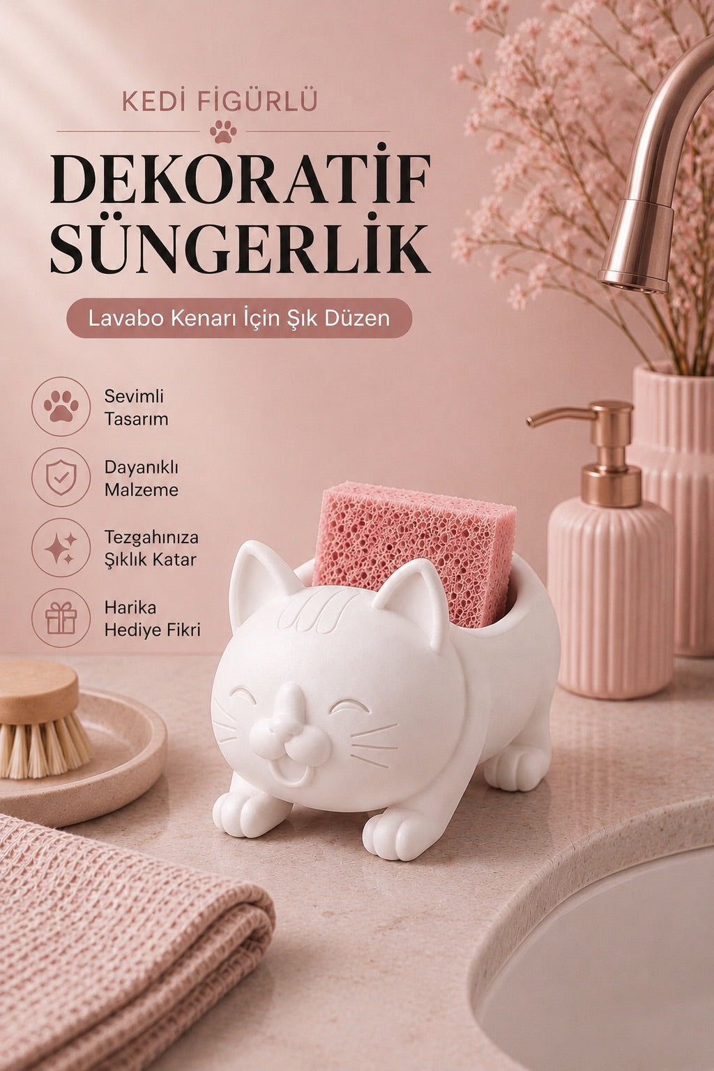 Dekoratif Beyaz Kedi Figürlü Sabunluk & Süngerlik Şık ve Sevimli Banyo, Mutfak Aksesuarı Çok Amaçlı