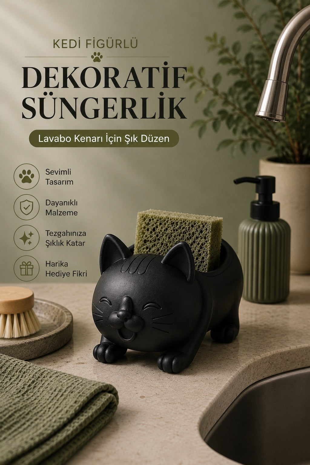 Dekoratif Siyah Kedi Figürlü Sabunluk & Süngerlik Şık ve Sevimli Banyo, Mutfak Aksesuarı Çok Amaçlı