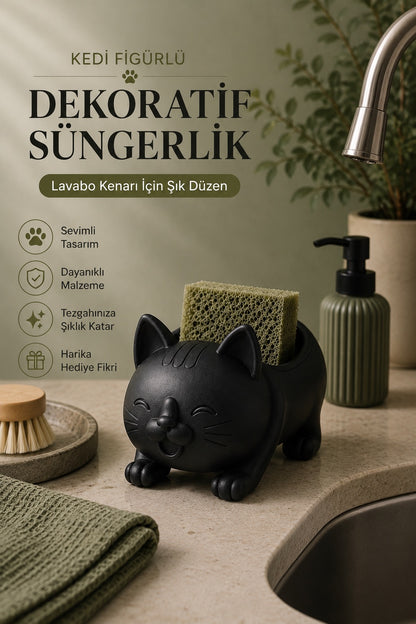 Dekoratif Siyah Kedi Figürlü Sabunluk & Süngerlik Şık ve Sevimli Banyo, Mutfak Aksesuarı Çok Amaçlı