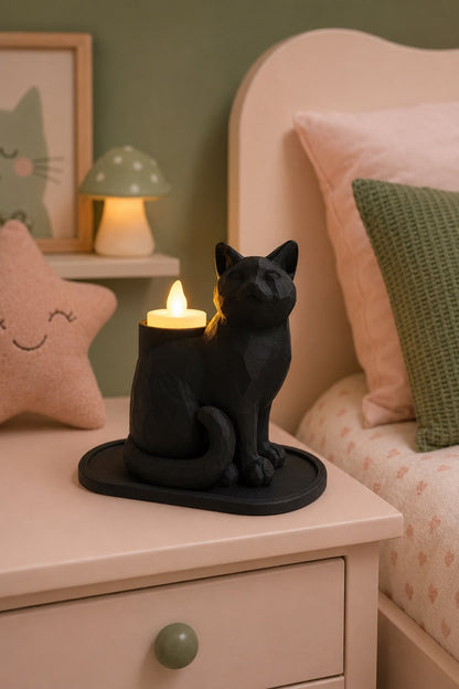 Siyah Mozaik Dekoratif Kedi Biblo Led Mumlu Şık Ev Ofis MasaÜstü Mumluk (Led Mum Hediye) 14 x 12