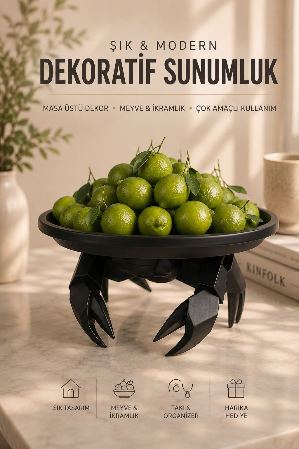 Dekoratif Yengeç Figürü Siyah Pratik Ev Gereçleri Çok Amaçlı Sunum Tabak 16 X 16 Cm