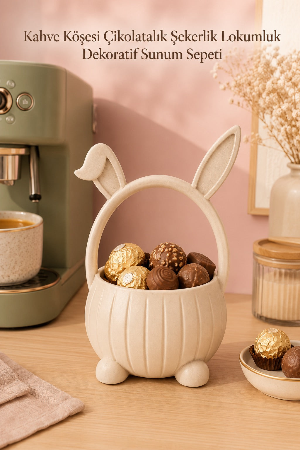 Tavşan Detaylı Bej Sunum Sepeti Çikolata Lokumluk Pinterest Masa Dekoru