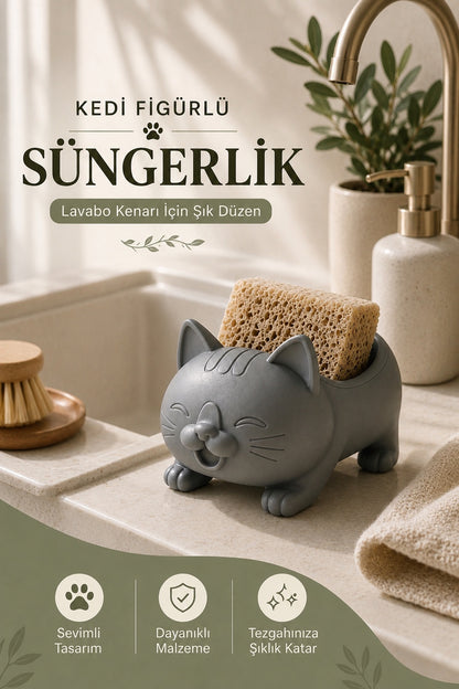 Dekoratif Gri Kedi Figürlü Sabunluk & Süngerlik Şık ve Sevimli Banyo, Mutfak Aksesuarı Çok Amaçlı