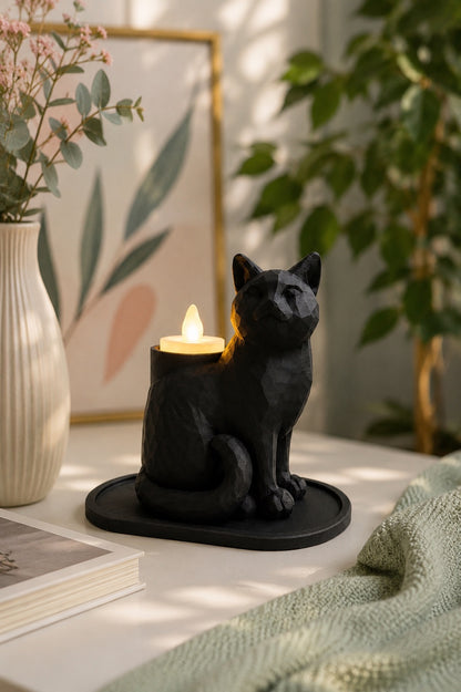 Siyah Mozaik Dekoratif Kedi Biblo Led Mumlu Şık Ev Ofis MasaÜstü Mumluk (Led Mum Hediye) 14 x 12