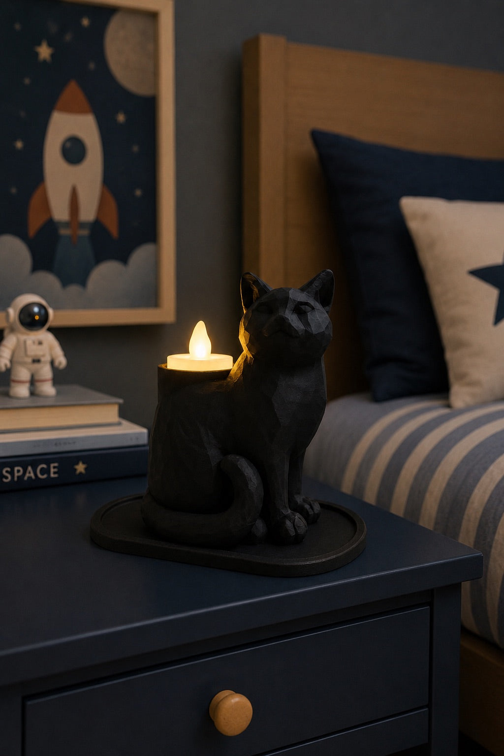 Siyah Mozaik Dekoratif Kedi Biblo Led Mumlu Şık Ev Ofis MasaÜstü Mumluk (Led Mum Hediye) 14 x 12