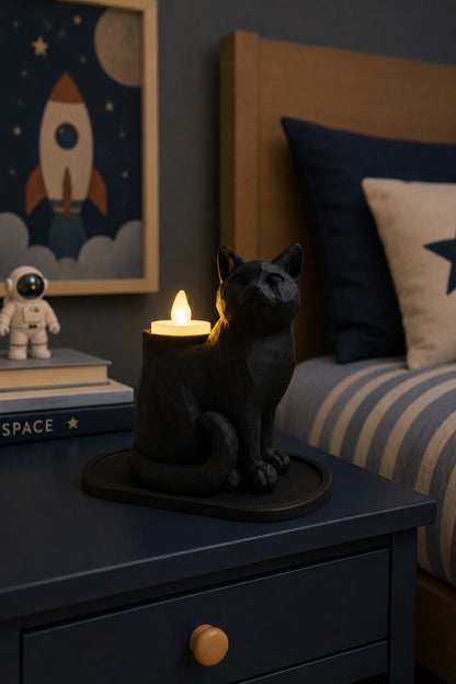 Siyah Mozaik Dekoratif Kedi Biblo Led Mumlu Şık Ev Ofis MasaÜstü Mumluk (Led Mum Hediye) 14 x 12