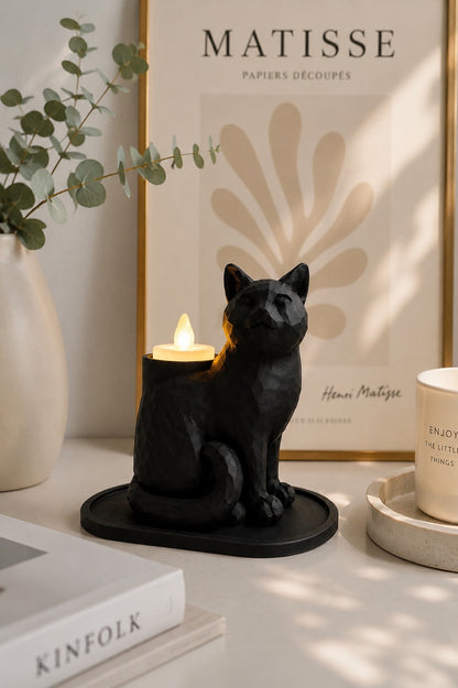 Siyah Mozaik Dekoratif Kedi Biblo Led Mumlu Şık Ev Ofis MasaÜstü Mumluk (Led Mum Hediye) 14 x 12