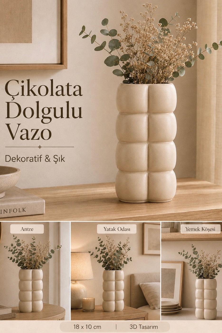 Modern Çikolata Formlu Dekoratif Vazo 3D Baskı PLA Salon ve Masa Dekorasyon Objesi