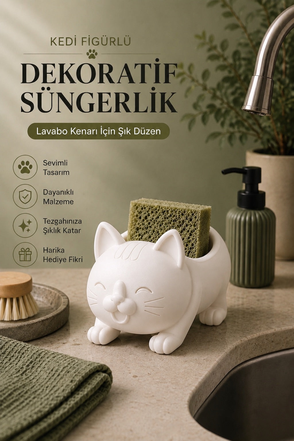Dekoratif Beyaz Kedi Figürlü Sabunluk & Süngerlik Şık ve Sevimli Banyo, Mutfak Aksesuarı Çok Amaçlı