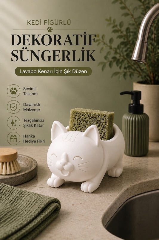 Dekoratif Beyaz Kedi Figürlü Sabunluk & Süngerlik Şık ve Sevimli Banyo, Mutfak Aksesuarı Çok Amaçlı