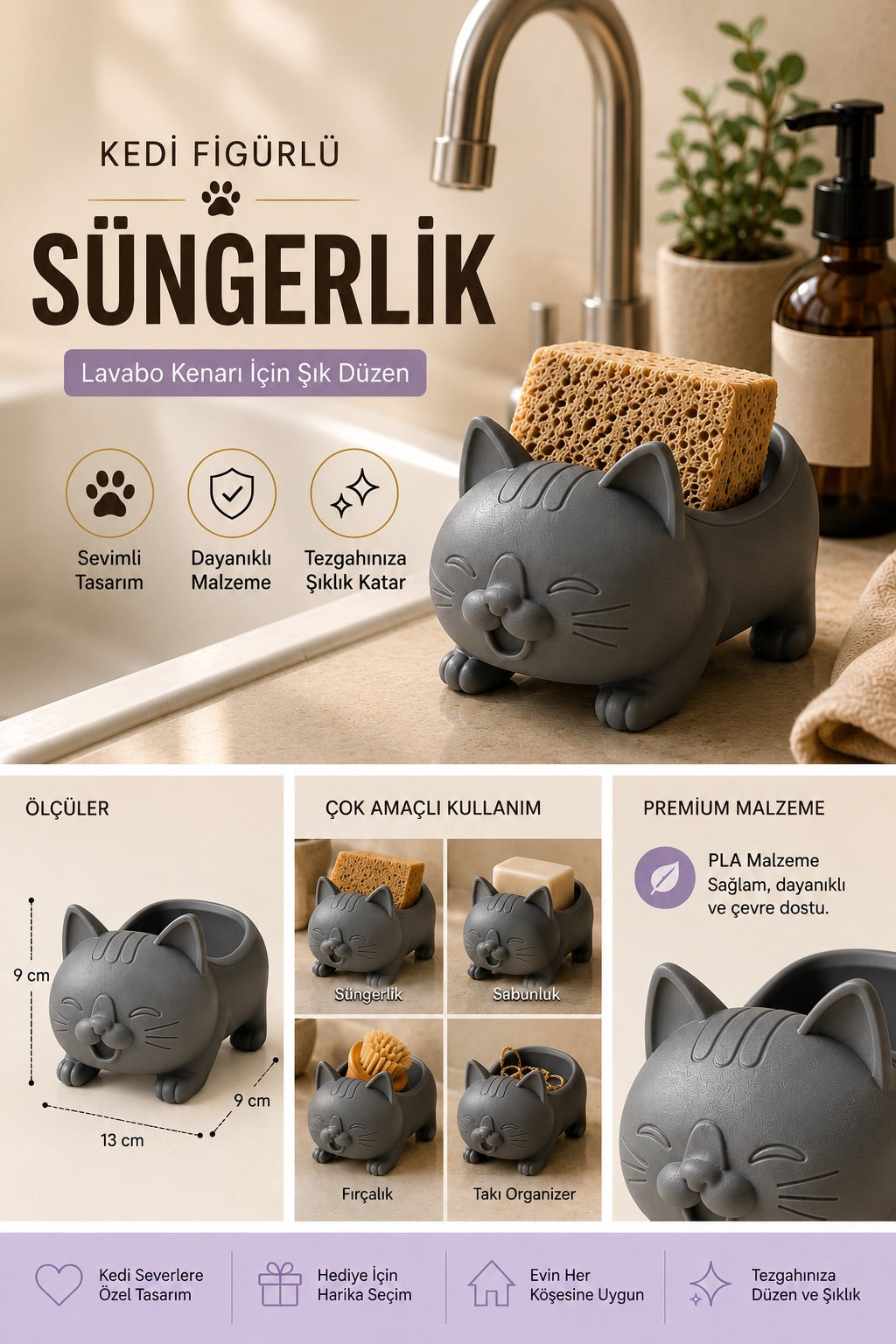 Dekoratif Gri Kedi Figürlü Sabunluk & Süngerlik Şık ve Sevimli Banyo, Mutfak Aksesuarı Çok Amaçlı